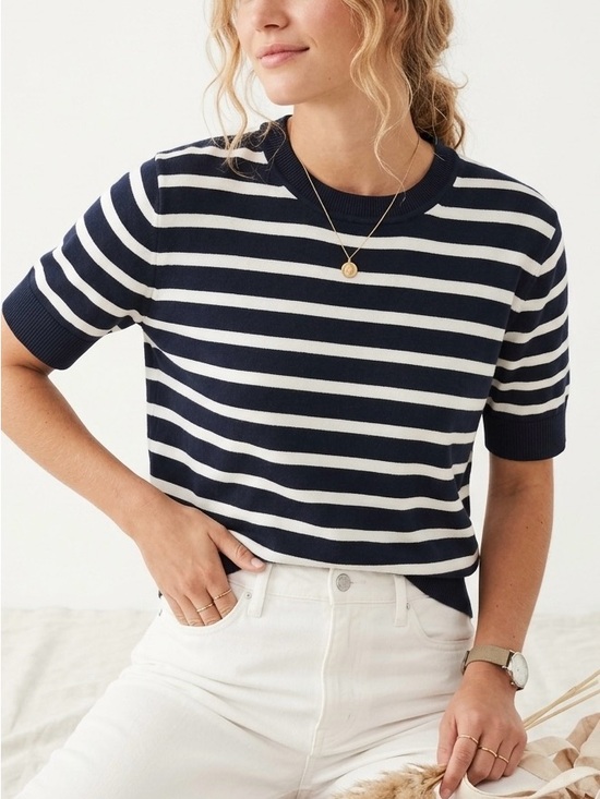 Banana Republic Factory Sweaters - Banana Republic Forever Striped Short Sleeve Sweater Top Navy White Knit L